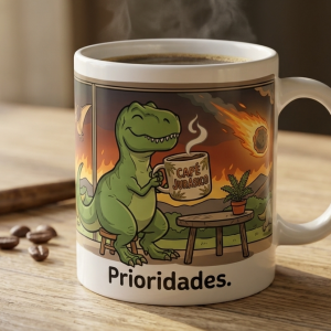 Taza dinosaurio tomando café