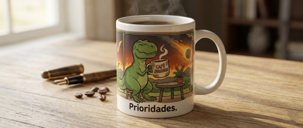Taza dinosaurio tomando café