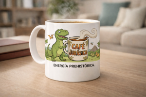 Taza dinosaurio tomando café