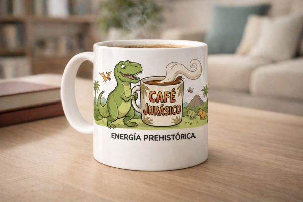 Taza dinosaurio tomando café